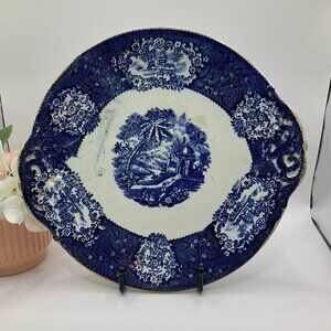 Franz Anton Mehlem Malta Flow Blue Antique Bonn Germany Serving Dish Cake Dish